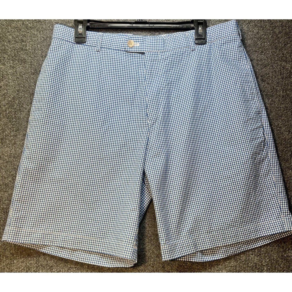 Peter Millar Mens Shorts 34 Gingham Check Blue White 100% Cotton‎ Casual Golf